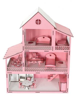 Ahşap Barbie Ev, Pembe 3 Katlı Oyuncak Ev - KEV10T